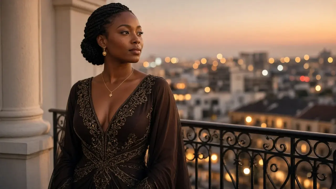 Une femme sur un balcon de Libreville, à la lumière dorée du soir.